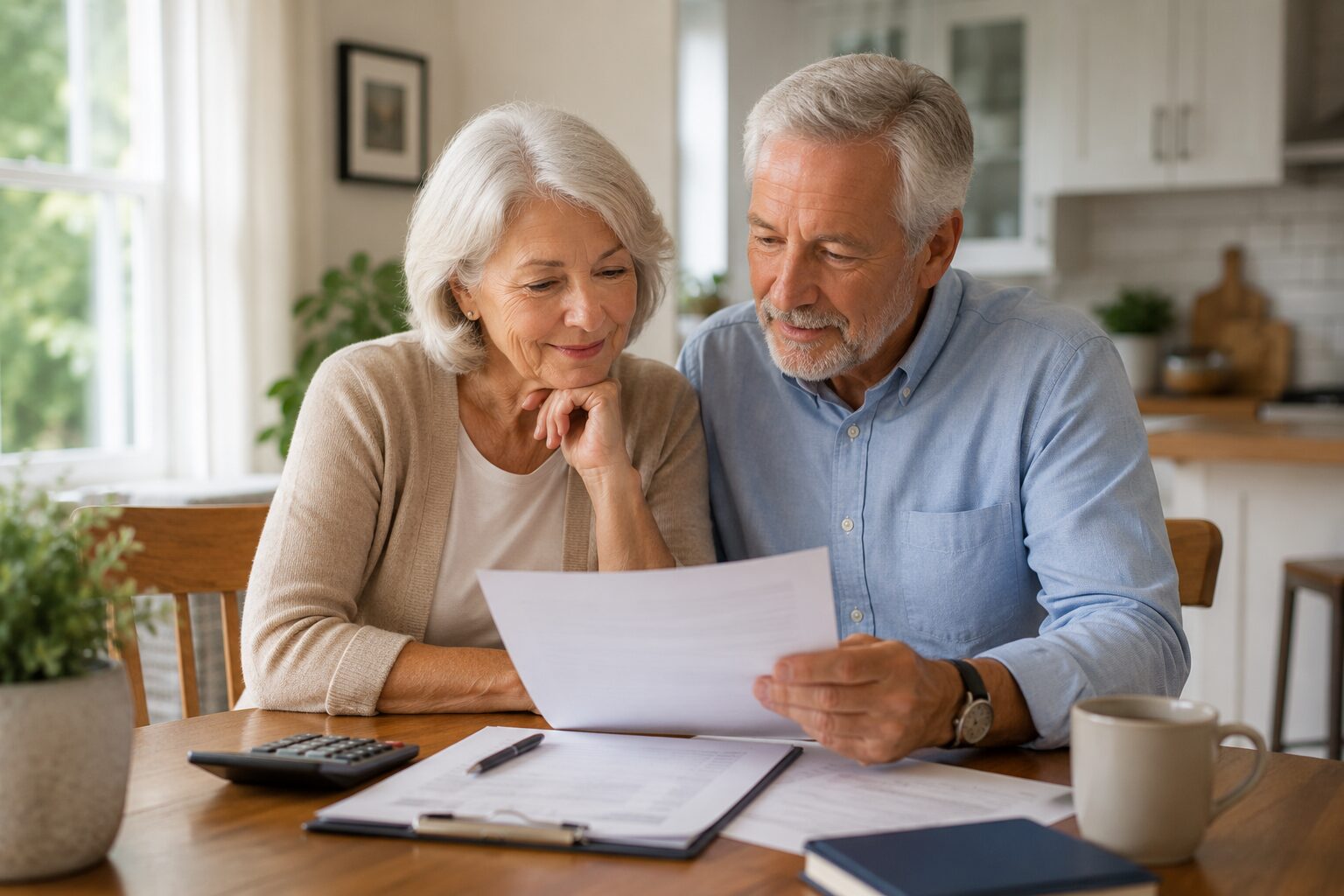 Older couple reviewing financial documents while planning for future long-term care needs