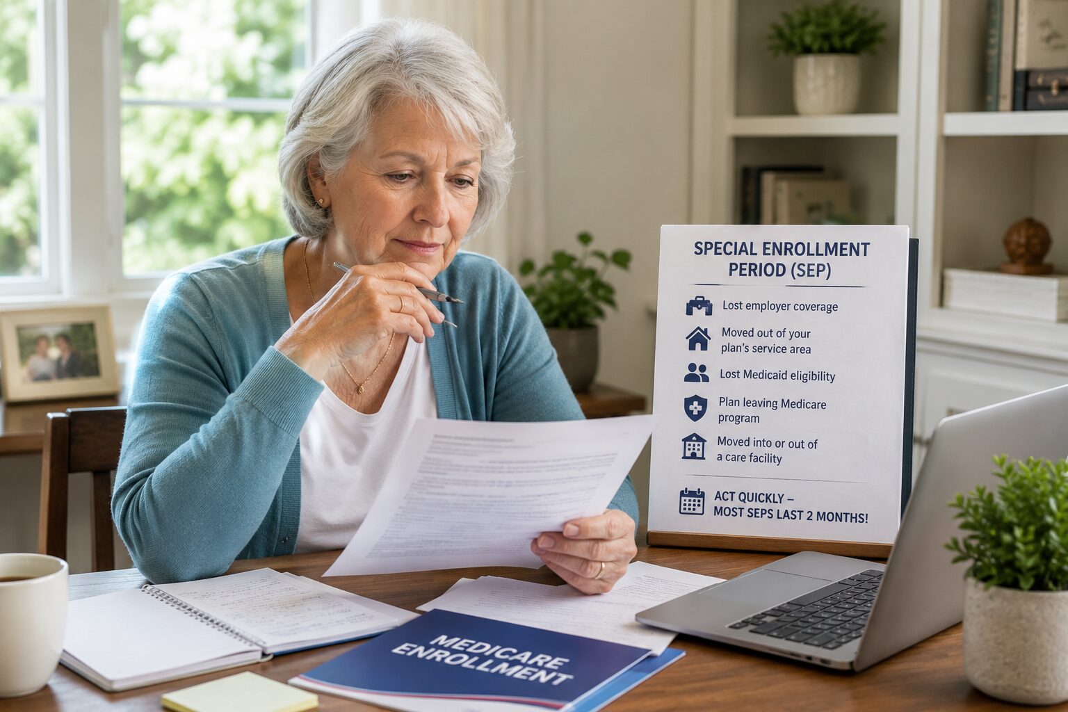 Senior woman reviewing Medicare enrollment documents after a qualifying life event