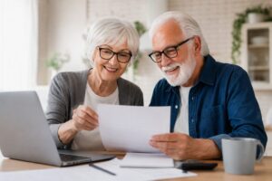 Retired couple comparing Medicare HMO and PPO plan options together